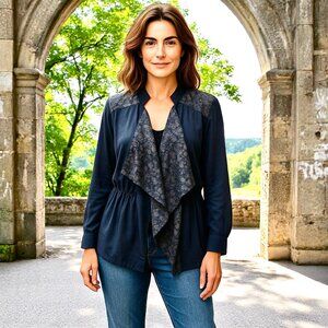 Logo By Lori Goldstein Jacket Waterfall Drawstring Cinch Lace